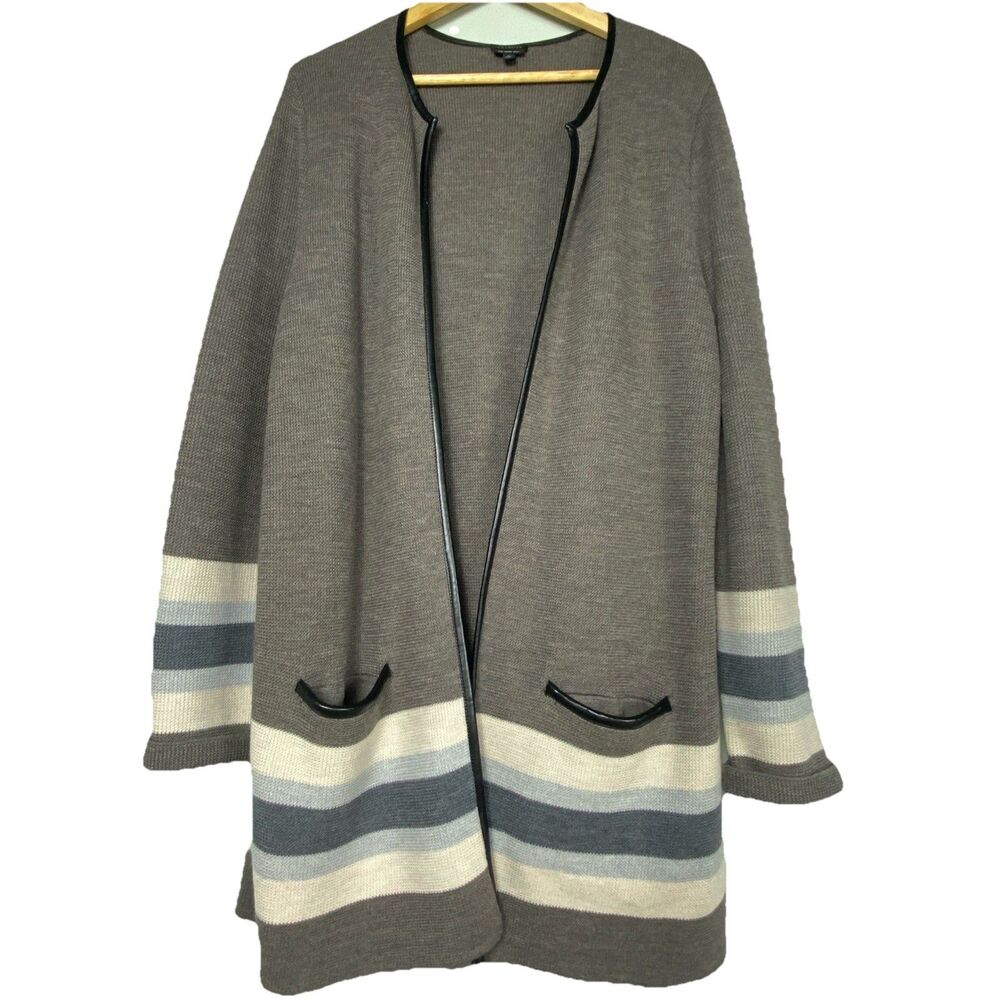 Talbots Women L Pure Merino Wool Gray Cardigan Open Front Faux leather Trim NWOT